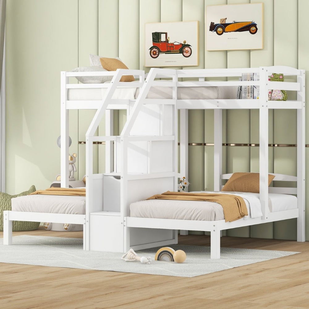 English Elm Twin Triple Bunk Bed Pine Frame with Staircase Storage Drawers for Kids Rooms GX000309AAK