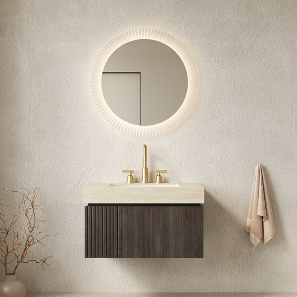 English Elm Muri Floating Bathroom Vanity Plywood Cabinet Travertine Stone Top Espresso Woodgrain W2615S00613
