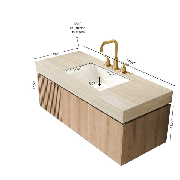 English Elm Muri Floating Bathroom Vanity 48 Inch White Oak Sintered Stone Top Plywood Cabinet W2615S00655