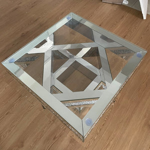English Elm Modern Glam Square Coffee Table with Mirrored Tiers and Faux Crystal Diamond Inlay W3836P370271