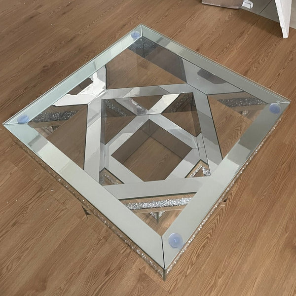 English Elm Modern Glam Square Coffee Table with Mirrored Tiers and Faux Crystal Diamond Inlay W3836P370271