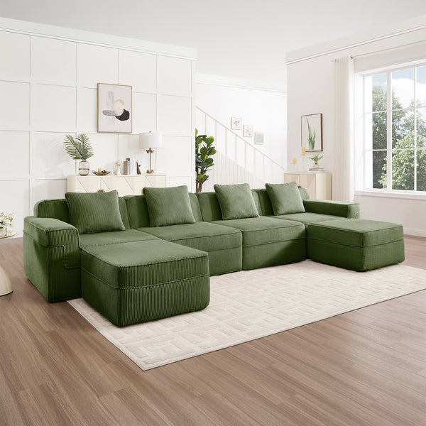English Elm Modular 4-Seat U-Shape Sectional Sofa - Cloud-Like Comfort, Plush Corduroy, Ottomans & Pillows! W3041S00336