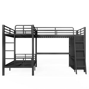 English Elm L-shaped Triple Bunk Bed with Desk Wardrobe Metal Frame for Teen Shared Rooms W5305S00003