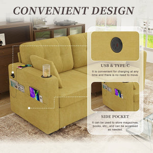 English Elm Sofas for Living Room Chenille Three Seat Couch with Usb Charging Storage and Cup Holder Mustard Yellow W395S00145