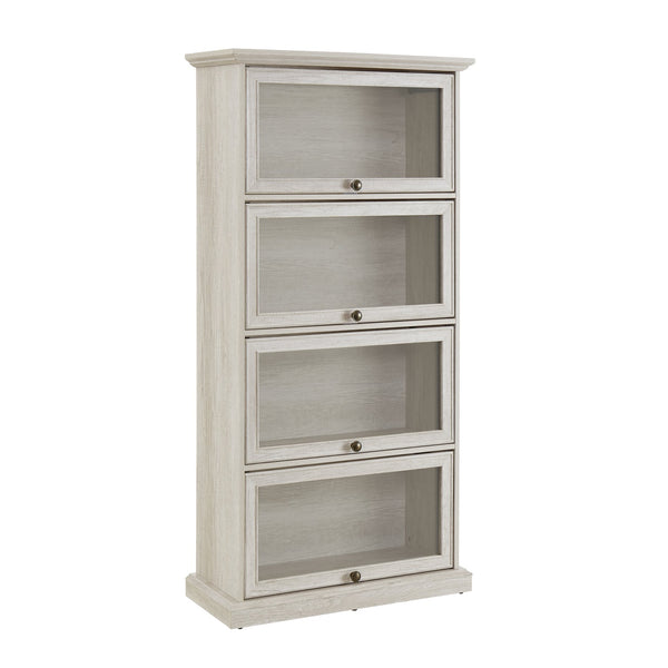 English Elm Glass 4-Tier Display Cabinet with Tempered Glass Doors, Flip-Up Access, Aluminum Frame, Elegant Chic Storage for Collectibles and Books Antique White W2275P206602
