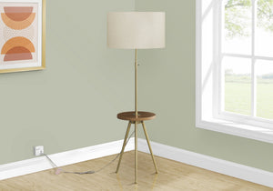 English Elm Lighting, Modern Tripod Floor Lamp with Linen Drum Shade, Adjustable Neck, Walnut Shelf, 66" Gold 21 L x 21 W x 16 H B2710P221305