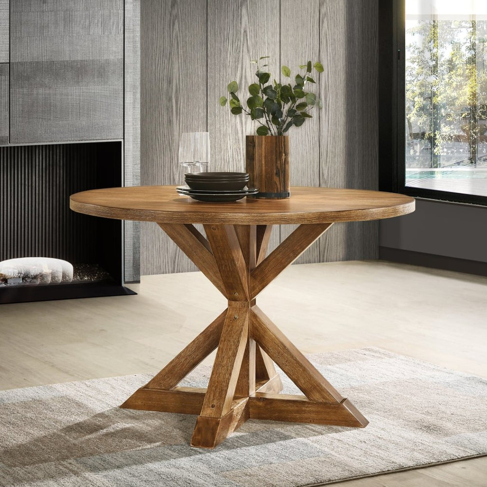 English Elm Windvale Round Farmhouse Dining Set Seats Four with Chenille Chairs Cottage Oak Finish T2574S00011