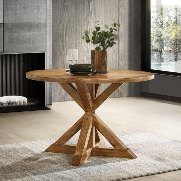 English Elm Windvale Round Farmhouse Dining Set Seats Four with Chenille Chairs Cottage Oak Finish T2574S00011