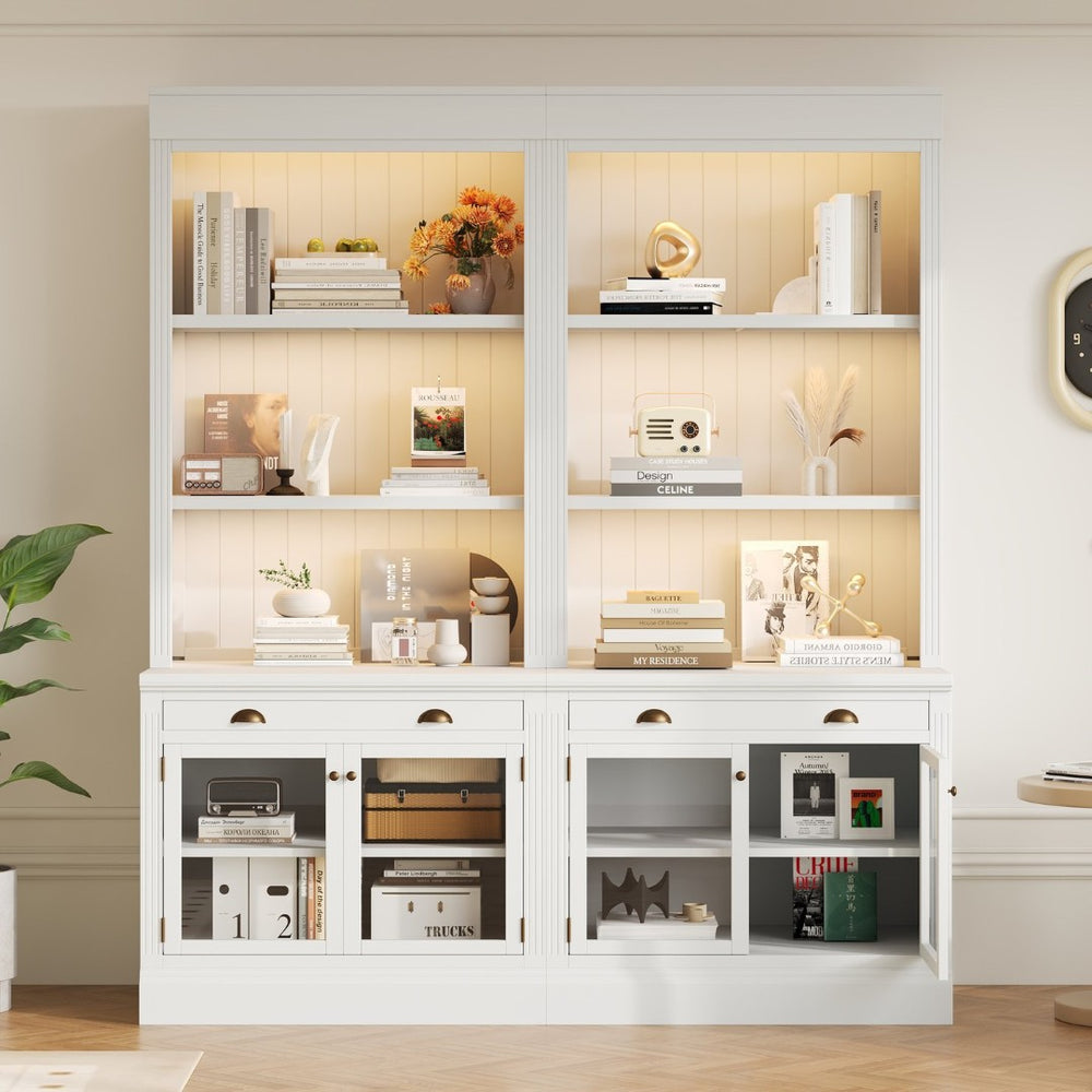 English Elm 83.4"tall Two-piece Bookcase Suite with Led Shelves Tempered Glass Doors Matte Black N751S059521K
