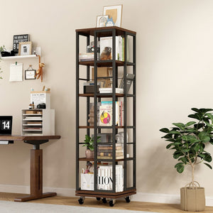 English Elm 5 Tier Rotating Corner Bookcase Rustic Brown Steel Wood Spinning Floor Shelf W2641P399191