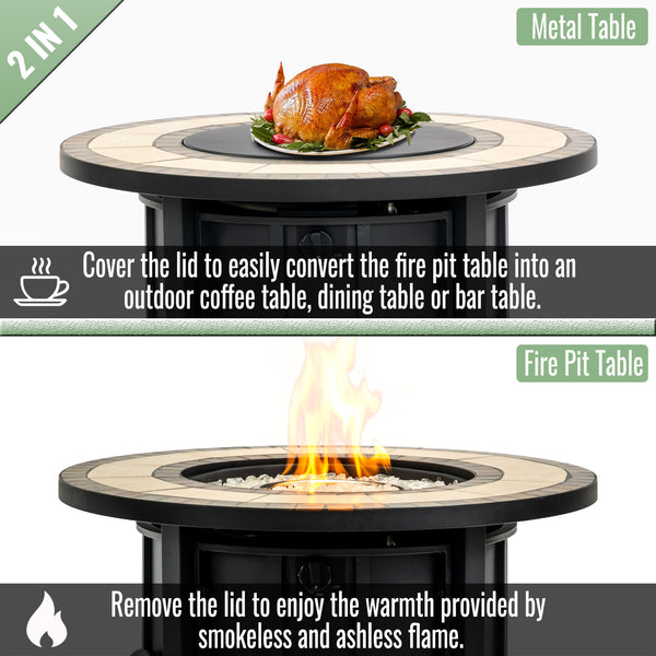 English Elm 30" 30inch Propane Fire Pit Table 50000 BTU Mosaic Ceramic Top Steel Frame ETL Approved Patio Garden Black+Brown W853P293850