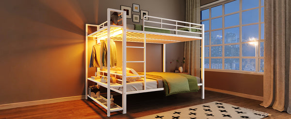 English Elm Full Size Metal Bunk Bed With Led Lights, Storage Shelves & Hooks - Stylish Space-Saver In White N7090000667K