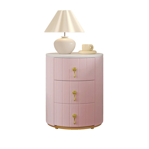 English Elm Upholstered Rounded Nightstand with 3 Spacious Drawers, Marbled Top and Metal Handles, Fully Assembled Pink 24 L x 19.5 W x 18.89 H N733P272609H
