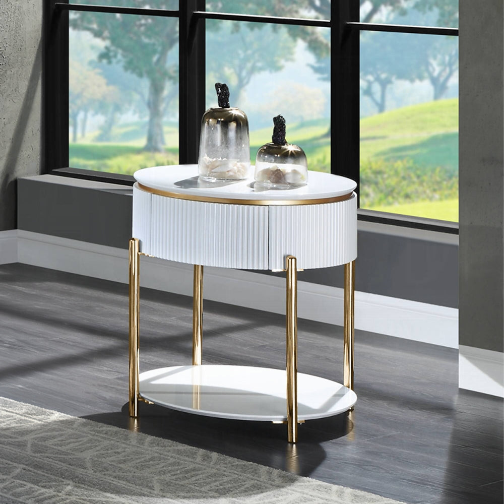 English Elm White White High Gloss and Gold End Table with Drawer and Shelf, 24" Chic Accent Nightstand for Stylish Storage B062P209067