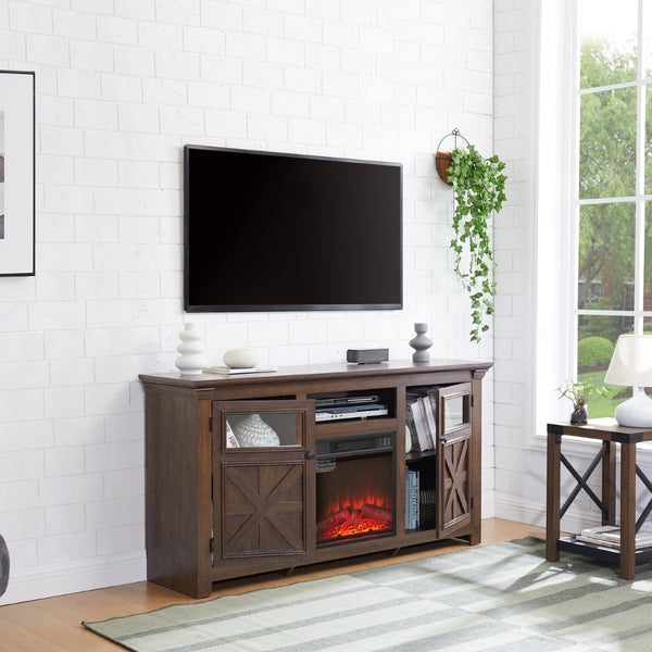English Elm 2 Door Farmhouse Entertainment Console with Built-in Electric Fireplace Barn Style Espresso W2275S00041