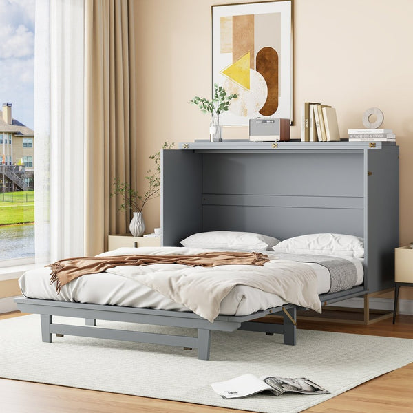 English Elm Murphy Queen Wall Bed with Frosted Glass Cabinet Facade Gold Legs Pine Frame Gray N820S00028E