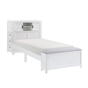 English Elm Gray Twin Platform Bed with Bookcase Headboard Hidden Desk Stool and Footboard Bench White B011S02324