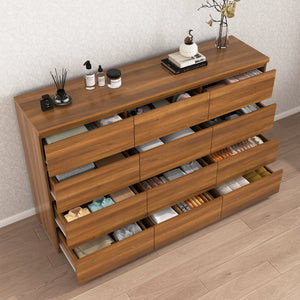 English Elm 12 Drawer Wide Double Dresser Modern Symmetrical Wood Storage Chest for Bedroom Walnut W409S00017