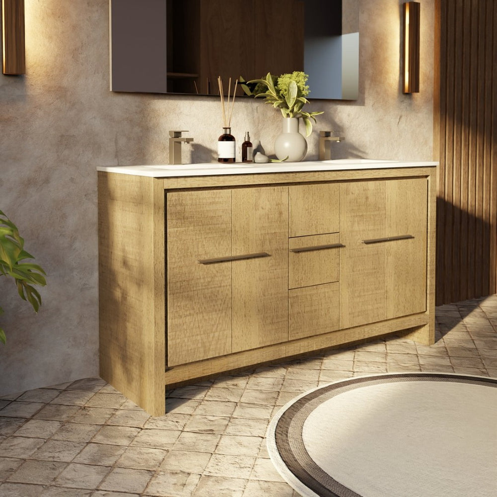 English Elm Rustic Acacia Double Bath Vanity 60" W With White Quartz Top & Gun Metal Faucet Set For Elegant Storage B2731P259212-GIGA