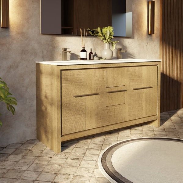 English Elm Rustic Acacia Double Bath Vanity 60" W With White Quartz Top & Gun Metal Faucet Set For Elegant Storage B2731P259212-GIGA