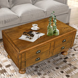 English Elm Solid Wood Rectangle Coffee Table For Living Room, 40-Inch Antique Coffee Table With 4 Drawers, Wood Center Table Tea Table With Rivet Decoration Legs.Easy Assembly, Antique Brown