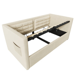English Elm Upholstered Twin Daybed with Hydraulic Storage, Velvet Tufted Sofa Back, USB & Type-C Charging Port Beige N736P303402B