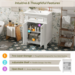 English Elm 24'' Carved Farmhouse Bathroom Vanity with Ceramic Sink Soft Close Storage Cabinet White N710P446530K