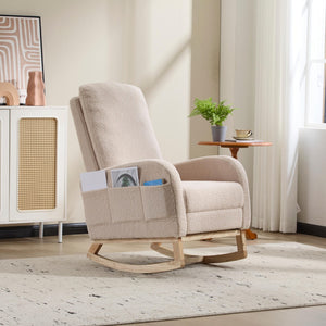 English Elm Modern Upholstered Glider Rocker with Teddy Fabric High Back and Rubberwood Base Beige W3723P409075