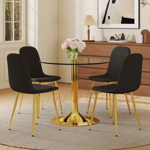 English Elm Table And Chair Set - 35" Round Transparent Tempered Glass Top With Gold Metal Base & 4 Black Chairs W1151S03700-GIGA