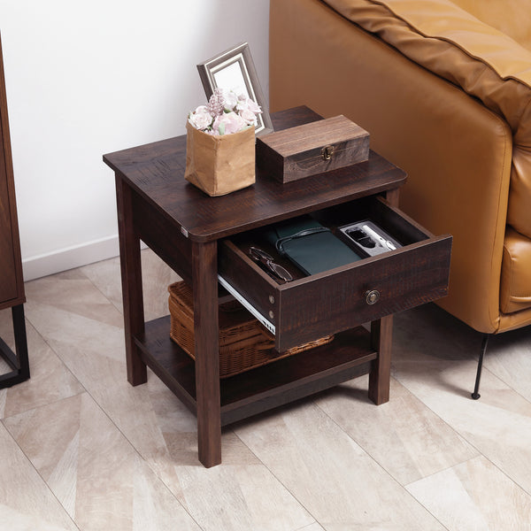 English Elm HOMCOM Farmhouse End Table with Drawer and Open Shelf for Small Spaces Sturdy MDF Accent Table Bronze W2225P249997