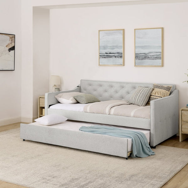 English Elm Twin Linen Tufted Daybed with Pop up Trundle and Usb Port for Guest Rooms W1413S00129