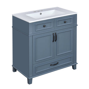 English Elm 30'' Bathroom Vanity with Sink - Retro Solid Wood Frame, Ceramic Basin, Soft-Close Doors & Ample Storage Blue N710P190656C