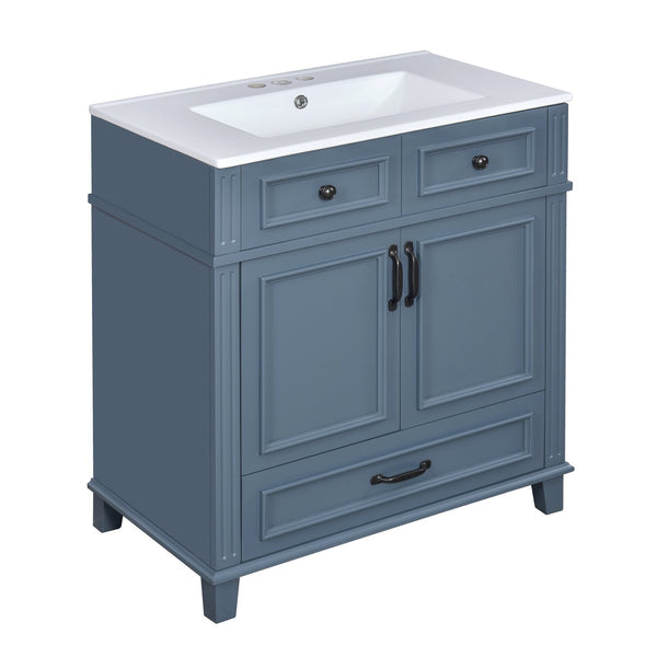 English Elm 30'' Bathroom Vanity with Sink - Retro Solid Wood Frame, Ceramic Basin, Soft-Close Doors & Ample Storage Blue N710P190656C