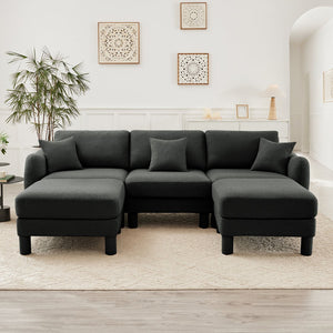 English Elm Boucle U-Shape Sectional Sofa With Shell Armrests & Movable Ottomans - Elegant Dark Grey Comfort W3041S00302