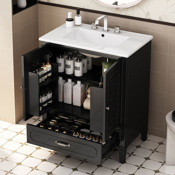 English Elm Christopher Knight Home® - 30" Bathroom Vanity with Sink Vintage Acacia Frame Ceramic Basin Soft-Close Doors & Storage Black N759P313313B