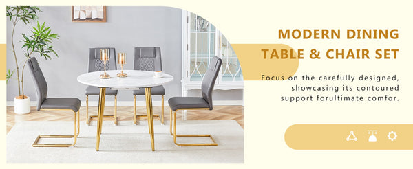 English Elm Table and Chair Set Extendable Mdf Round Oval Dining with Gold Arched Legs Dark Gray,White+Gold W1151S03947