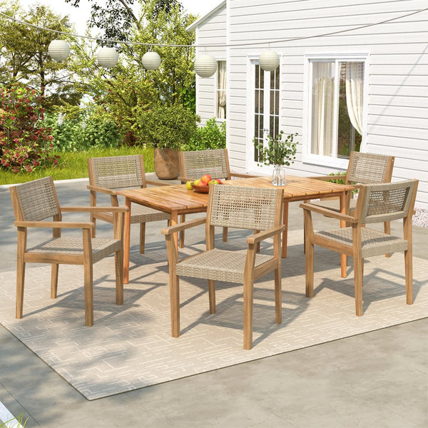 English Elm Christopher Knight Home® - Amaris Acacia Wood 7PCS Patio Dining Set with 6 Faux Wicker Chairs & Slatted Teak Table, Cozy Durable AMARIS7PDSET