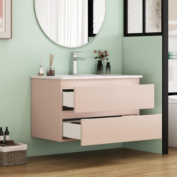 English Elm 32-Inch Modern Wall-Mounted Bathroom Vanity With Ceramic Sink, Soft-Close Drawers, Stylish Pink Finish W3151S00045