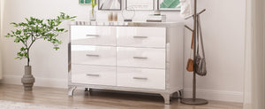 English Elm Elegant High Gloss Dresser with Metal Handles and Mirrored Panels, 6-Drawer Space-Saving Storage Solution White 55.71 L x 19.29 W x 10.63 H N733P205355K