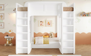 English Elm Triple Bunk Bed Wood Frame with Built in Shelves Hooks for Shared Kids Rooms White N7090004027K