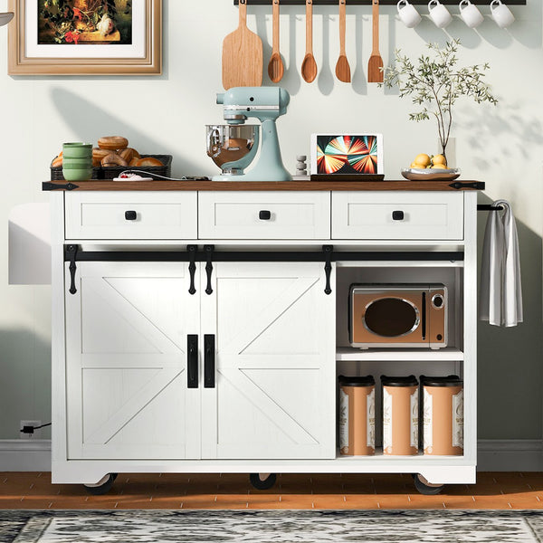 English Elm K&K 53.7" Farmhouse Kitchen Island with Drop Leaf, Sliding Barn Doors, Built-In Power & Wheels White N707P170347W