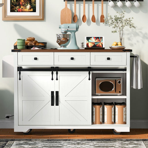 English Elm K&k Farmhouse Rolling Kitchen Island with Drop Leaf Power Outlets and Storage Cabinet White N707S170347W