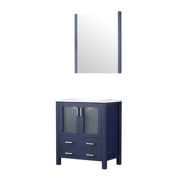 English Elm Navy Blue Bath Vanity Set With White Ceramic Top, Soft-Close Drawers & Stylish 28 In. Mirror Included B2731S00724