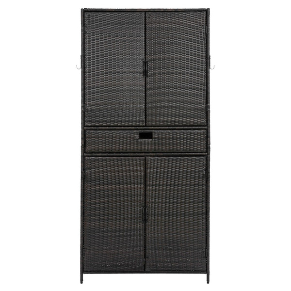 English Elm K&k Tall Arched Pe Rattan Outdoor Storage Cabinet with Adjustable Shelves and Steel Frame Brown+Black N707P420102D