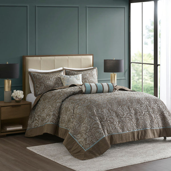 JLA Home Madison Park - 5 Reversible Jacquard Bedspread Set with Paisley Motif, Taupe-Platinum Sheen, Quilted Elegance Blue/Brown MP13-4339