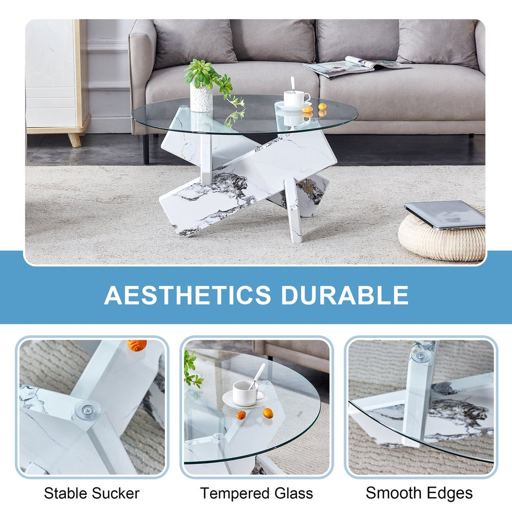 English Elm Round glass coffee table with 33.4" tempered top, white patterned MDF legs, sturdy 130lb capacity modern centerpiece W1512P395025