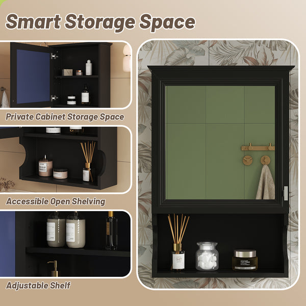 English Elm 20'' Half-Moon Wall Medicine Cabinet with Mirror, Solid Wood Frame, Soft-Close Hinges, Space-Saving Elegance Black N710P313827B