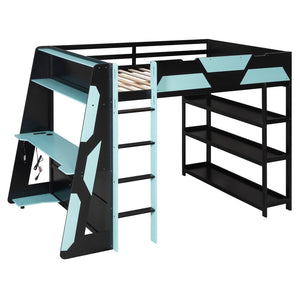 English Elm Full Size Gaming Loft Bed with Led Lighting Desk Shelves and Usb Charging Ports Black+Blue N820S00076C