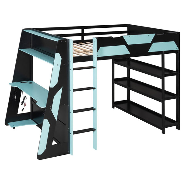 English Elm Full Size Gaming Loft Bed with Led Lighting Desk Shelves and Usb Charging Ports Black+Blue N820S00076C