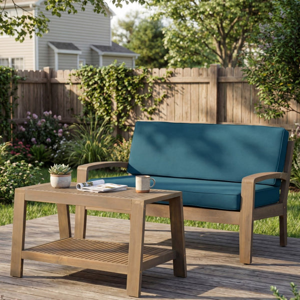 English Elm 2-piece Outdoor Acacia Wood Loveseat Set with Water-resistant Cushions for Patio Decks 57976.00SETFGRY_57976.00SETCUSH-DTSKIN